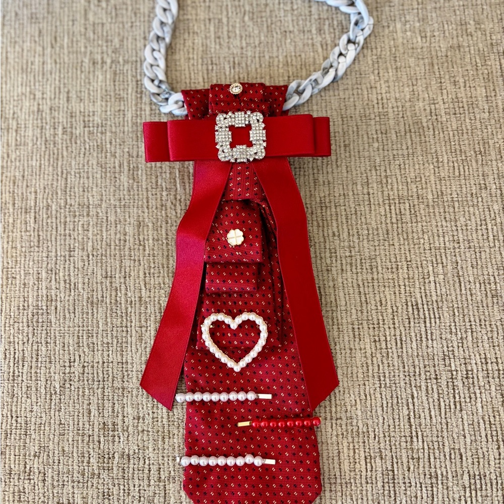 Red Ribbon and Faux Pearl Embellished Necktie Accessory
